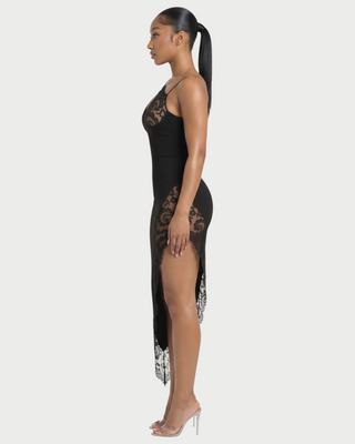 COLLINS Asymmetric Hem Lace Panel Maxi Dress