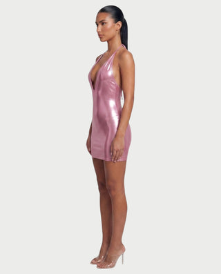 CLARICE Plunging Halter Metallic Mini Dress