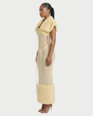 POLINE Faux Fur Cape & Sheer Trimmed Maxi Dress Set