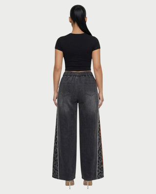 DINES Leopard-Panel Wide-Leg Denim Pants