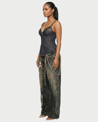 YANCY Corset Zip-Up Mesh Panel Top