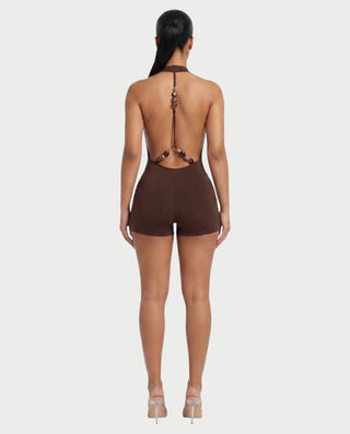 NISHKA Halter Draped Beaded Open-Back Romper