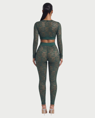 KAMARIA Lace Plunge Neckline Top & Tights Set