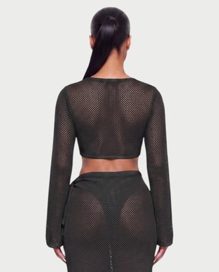 Vestido mini de malla con aberturas y detalle de cadena de JUVIA