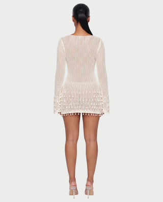 VESPARA Open Knit Tassel Cover-Up Mini Dress