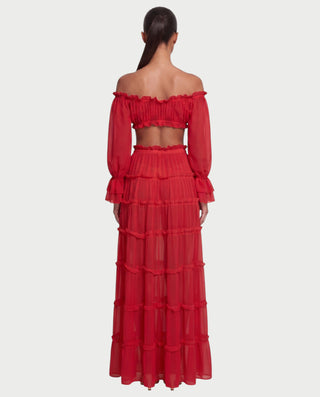 TALSIE Ruffle Off-Shoulder Top & Tiered Maxi Skirt Set