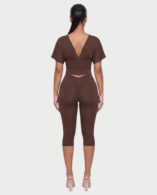 SALEN Plunge Flutter Sleeve Top & Capri Leggings Set