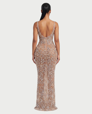 LATTIA Crystal Rhinestone Floral Scoop-Back Bodycon Maxi Dress