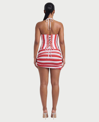 RAVENNA Striped Lace-Up Back Halter Top & Sheer Mini Skirt Set