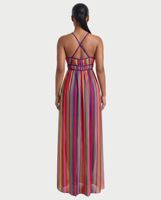 ZURY Striped Cutout Crisscross Back Maxi Dress