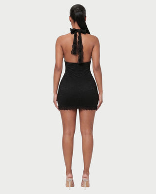 NERVA Plunge Lace Bodycon Halter Mini Dress