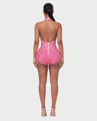EMERA Rhinestone Beaded Halter Mini Dress