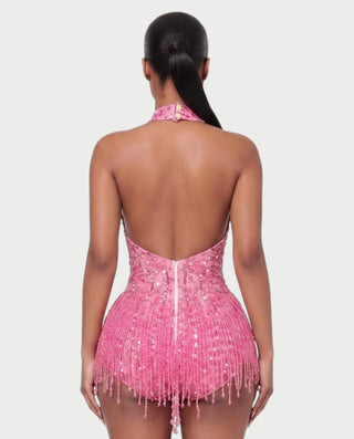 EMERA Rhinestone Beaded Halter Mini Dress
