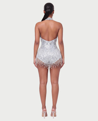 EMERA Rhinestone Beaded Halter Mini Dress