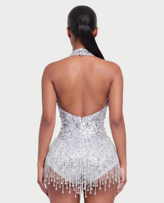EMERA Rhinestone Beaded Halter Mini Dress