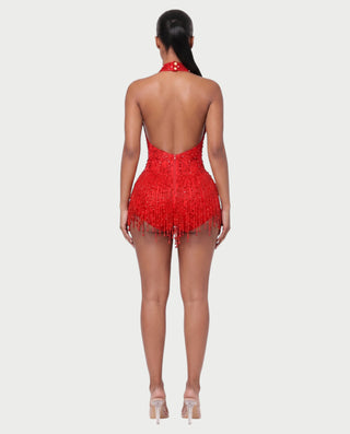 EMERA Rhinestone Beaded Halter Mini Dress