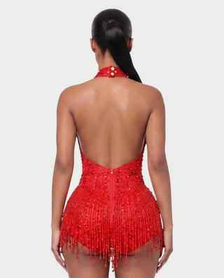 EMERA Rhinestone Beaded Halter Mini Dress