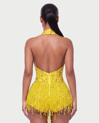 EMERA Rhinestone Beaded Halter Mini Dress