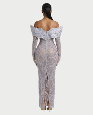 NELKA Rhinestone Off-Shoulder Mesh Maxi Dress