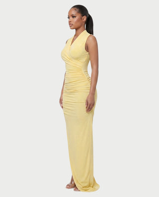 DELYANA Ruched Wrap V-Neck Bodycon Maxi Dress
