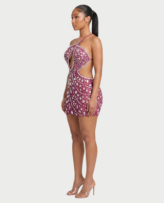Vestido mini de malla con aberturas y detalle de cadena de JUVIA