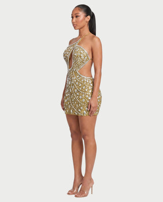 Vestido mini de malla con aberturas y detalle de cadena de JUVIA