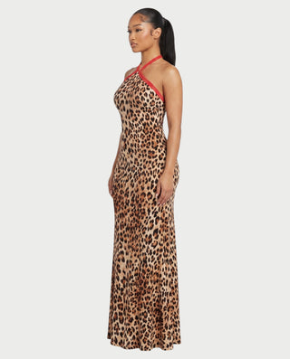 LAVENZA Leopard Halter Open-Back Maxi Dress