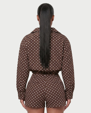MARZELLE Polka Dot Zip-Up Cropped Jacket & Shorts Set