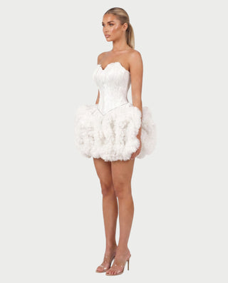 KLARINA Feather Corset Ruffle Tulle Mini Dress
