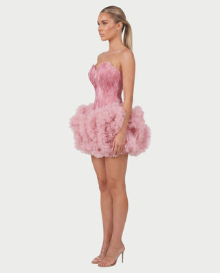 KLARINA Feather Corset Ruffle Tulle Mini Dress