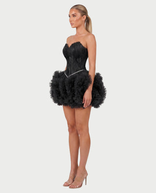 KLARINA Feather Corset Ruffle Tulle Mini Dress