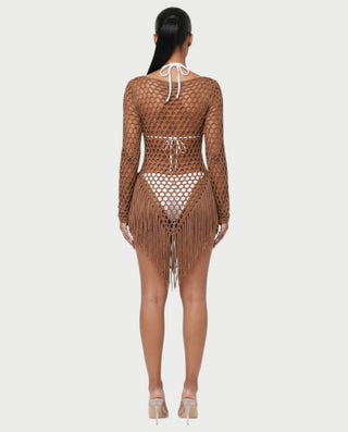 RESSA Open-Knit Tassel Swim Cover-Up Dress