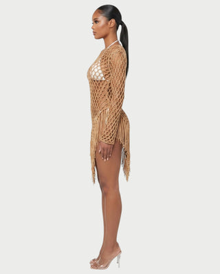 RESSA Open-Knit Tassel Swim Cover-Up Dress