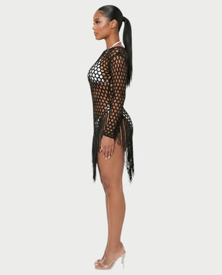 RESSA Open-Knit Tassel Swim Cover-Up Dress