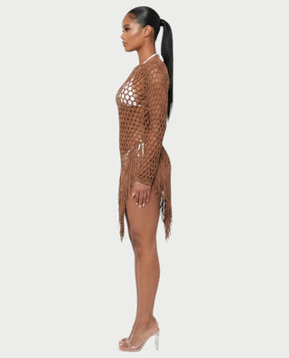RESSA Open-Knit Tassel Swim Cover-Up Dress