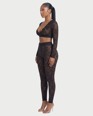 KAMARIA Lace Plunge Neckline Top & Tights Set