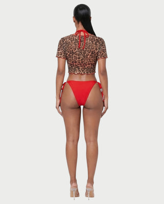 ZALMA Leopard Mesh Top & Triangle Bikini Three-Piece Set