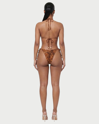MIRAYA Tiger Print Beaded Triangle Tie-Side Bikini Set