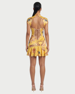VALENZA Floral Crane Collar Ruffle Hem Mini Dress