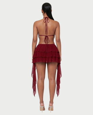 MARVILA Halter Drape Top & Sheer Ruffle Mini Skirt Set