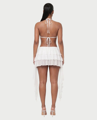 MARVILA Halter Drape Top & Sheer Ruffle Mini Skirt Set