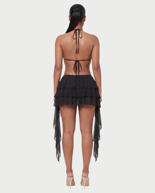 MARVILA Halter Drape Top & Sheer Ruffle Mini Skirt Set