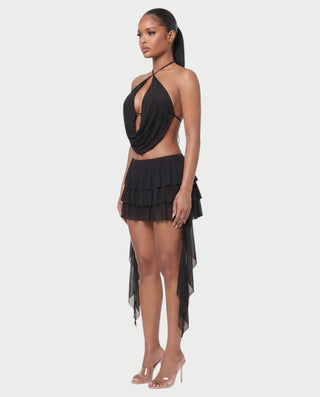 MARVILA Halter Drape Top & Sheer Ruffle Mini Skirt Set