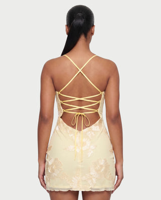 LYSENNE Floral Lace-Up Back Mini Dress