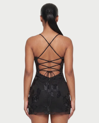LYSENNE Floral Lace-Up Back Mini Dress