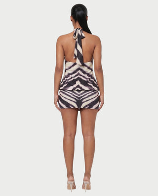 THERANA Zebra Print Halter Open-Back Mini Dress