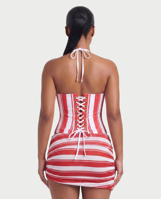 RAVENNA Striped Lace-Up Back Halter Top & Sheer Mini Skirt Set