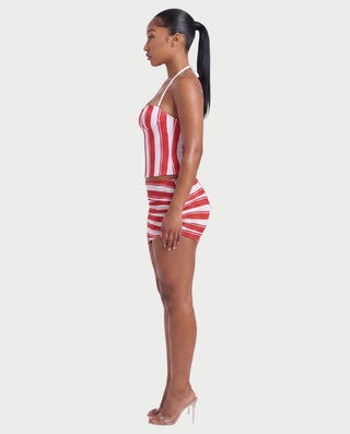 RAVENNA Striped Lace-Up Back Halter Top & Sheer Mini Skirt Set
