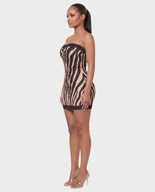 ELIA Zebra Print Strapless Bodycon Mini Dress
