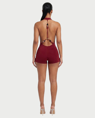 NISHKA Halter Draped Beaded Open-Back Romper